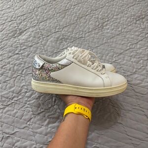 Jimmy Choo White and Silver Glitter Sneakers